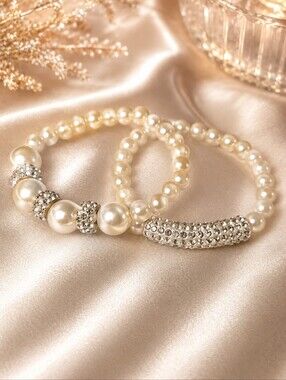 Elegant Ivory Pearl Stretch Bracelet Set with Crystal Accents